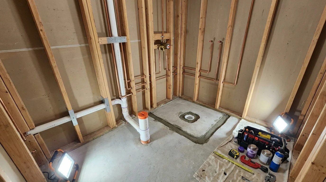 Bathroom rough-in plumbing during remodel by Johns Plumbing LLC in Scotch Plains