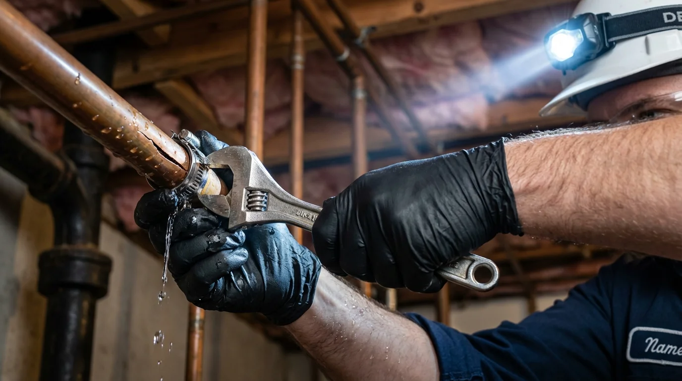 Emergency pipe clamp repair being performed by a Johns Plumbing LLC plumber in Scotch Plains