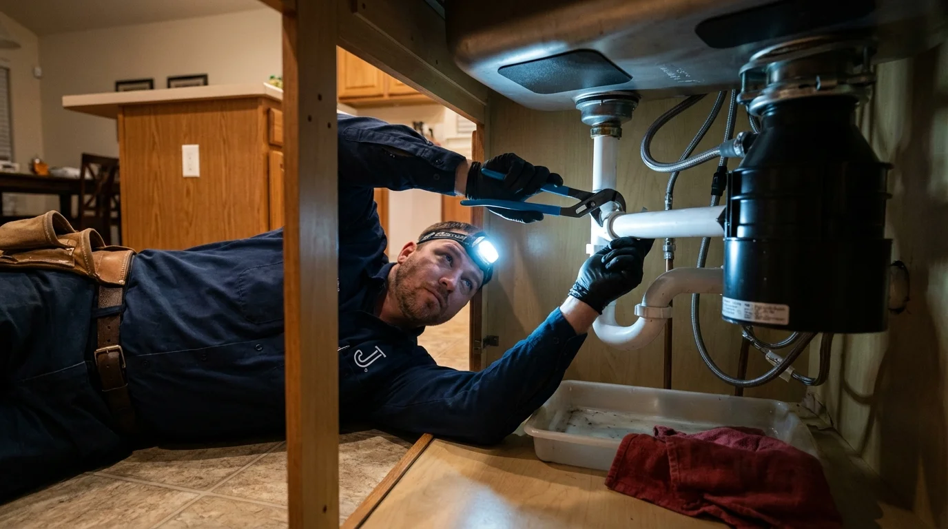 P-trap and supply line connections under a kitchen sink showing a common leak point in Scotch Plains, NJ